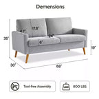 Dyonery 68 Loveseat Sofa, Modern Upholstered Couch with 24 Deep Seat, Padded Arms, Small Comfy Sofa for Living Room