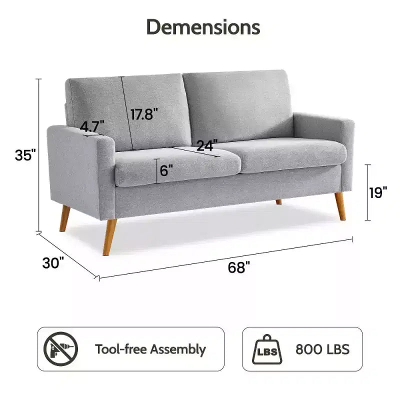 Dyonery 68 Loveseat Sofa, Modern Upholstered Couch with 24 Deep Seat, Padded Arms, Small Comfy Sofa for Living Room