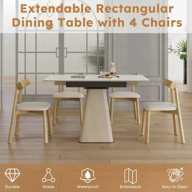 GDFStudio Lin 5 Piece Leather Upholstered Dining Expandable Table Set with 4 Chairs, Sintered Stone Tabletop and Steel Base