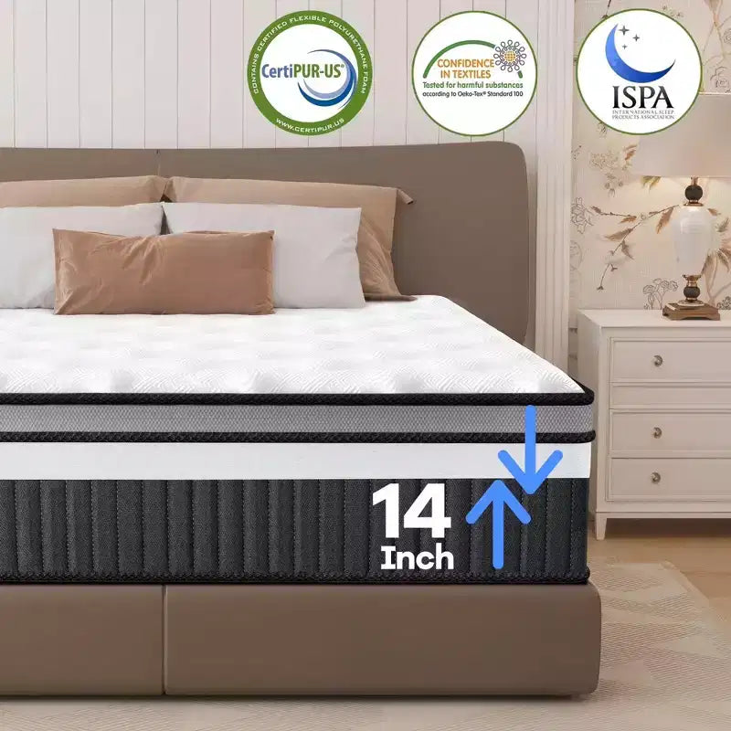 Mattress on Sale: 14 King Hybrid Mattress in a Box, Gel Memory Foam+Pocketed Coils, Cooling, Medium, Pressure Relief, Motion Isolation, CertiPUR-US