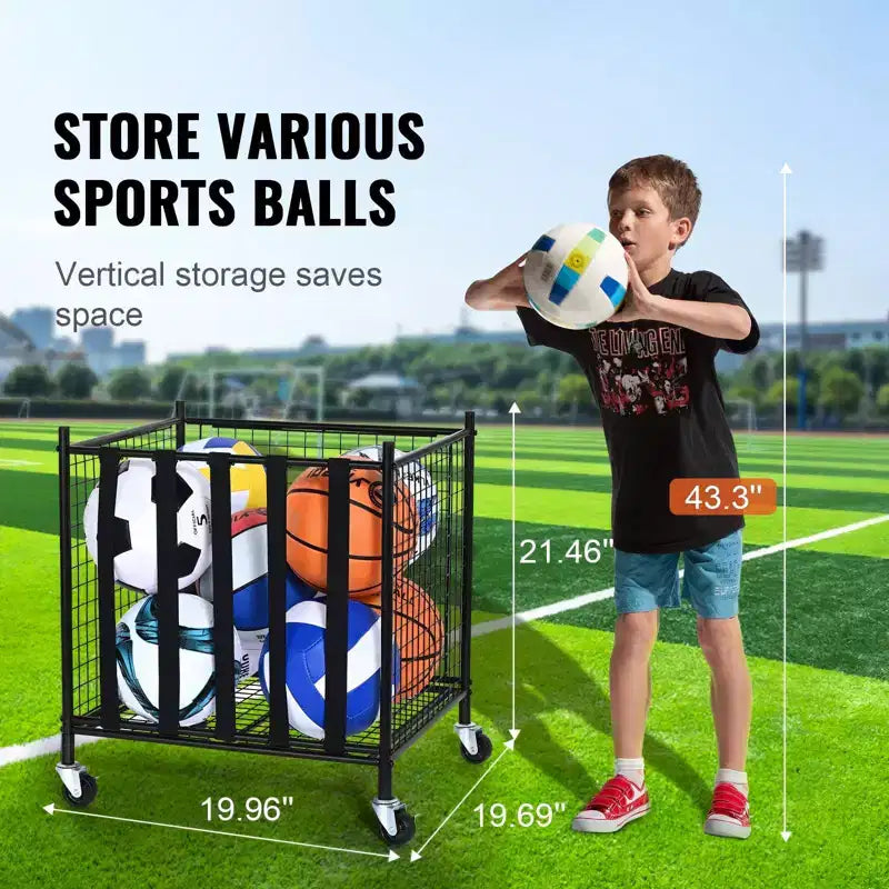 Rolling Sports Ball Storage Cart with Locking Wheels Steel Organizer for Gym Garage School