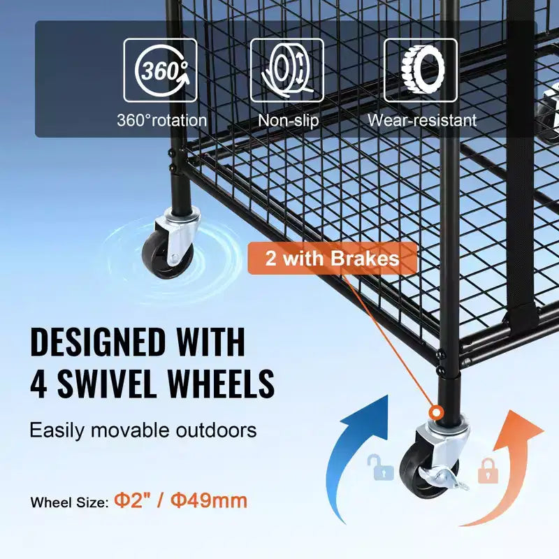 Rolling Sports Ball Storage Cart with Locking Wheels Steel Organizer for Gym Garage School