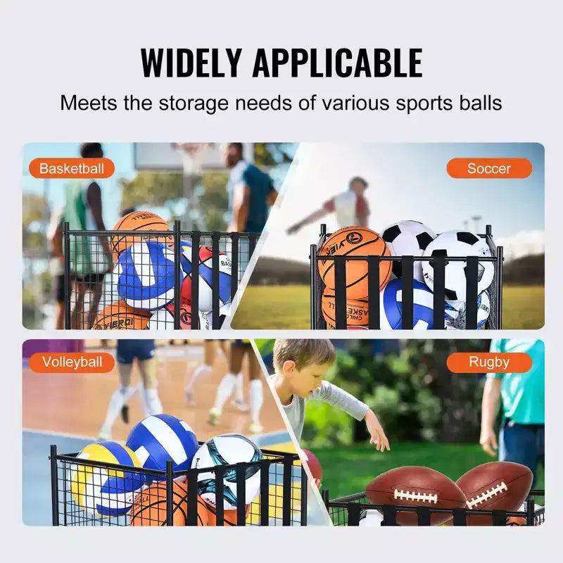 Rolling Sports Ball Storage Cart with Locking Wheels Steel Organizer for Gym Garage School