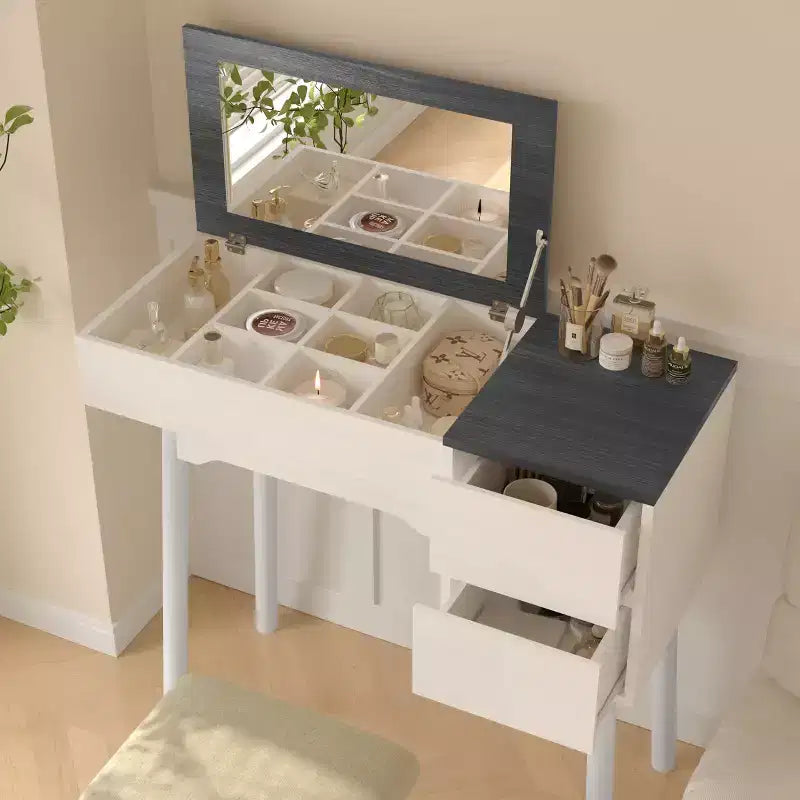 Okak Vanity Desk with Flip Top Mirror and Padding Stool, Makeup Vanity with 2 Drawers amd 8 Storage Compartments, Dressing Table for Home, White