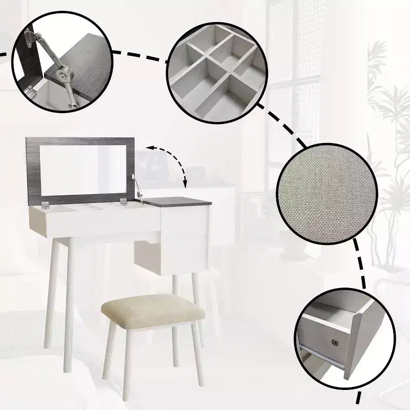 Okak Vanity Desk with Flip Top Mirror and Padding Stool, Makeup Vanity with 2 Drawers amd 8 Storage Compartments, Dressing Table for Home, White