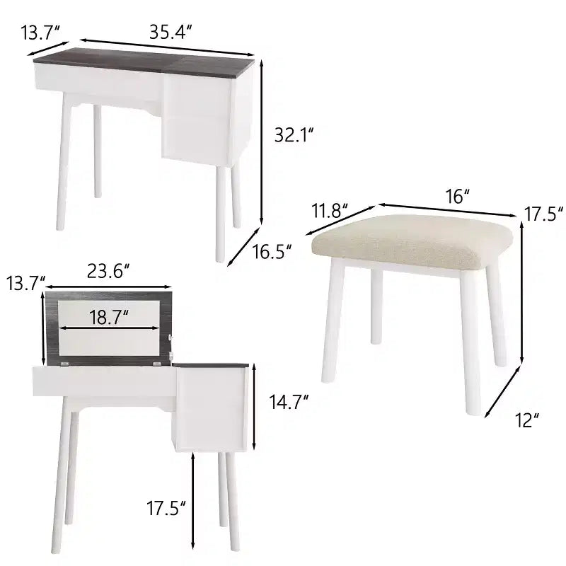Okak Vanity Desk with Flip Top Mirror and Padding Stool, Makeup Vanity with 2 Drawers amd 8 Storage Compartments, Dressing Table for Home, White