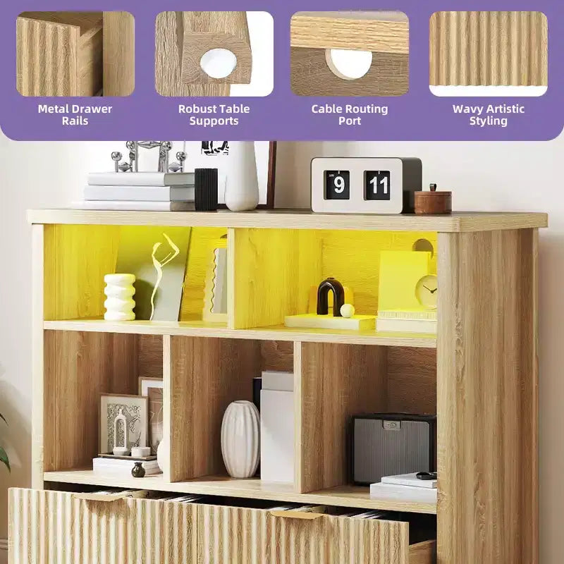 5 Cube Bookcase with LED Light Modern 3 Tier Bookshelf with Drawers for Home Office