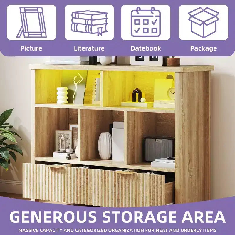 5 Cube Bookcase with LED Light Modern 3 Tier Bookshelf with Drawers for Home Office