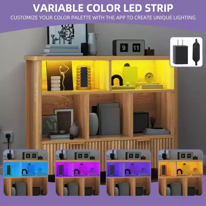 5 Cube Bookcase with LED Light Modern 3 Tier Bookshelf with Drawers for Home Office