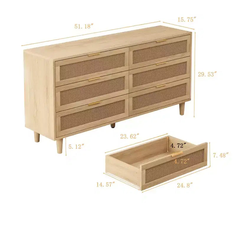JVNOXK 51.186-Drawers Rattan Storage Cabinet Rattan Drawer with White Drawer Slides,for Bedroom,Living Room,Natural