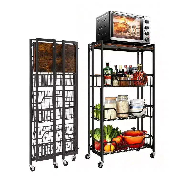Large 4-Tier Foldable Storage Cart with Lockable Caster - 100Lbs Loading Capacity, Expandable Kitchen Organizer Storage Island, Garage Shelving