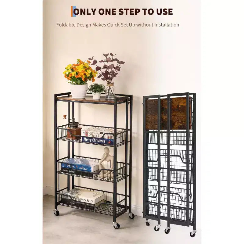 Large 4-Tier Foldable Storage Cart with Lockable Caster - 100Lbs Loading Capacity, Expandable Kitchen Organizer Storage Island, Garage Shelving