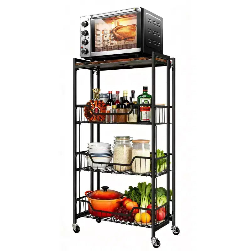 Large 4-Tier Foldable Storage Cart with Lockable Caster - 100Lbs Loading Capacity, Expandable Kitchen Organizer Storage Island, Garage Shelving