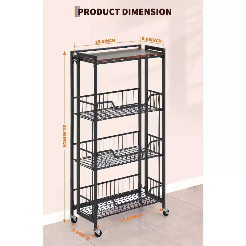 Large 4-Tier Foldable Storage Cart with Lockable Caster - 100Lbs Loading Capacity, Expandable Kitchen Organizer Storage Island, Garage Shelving