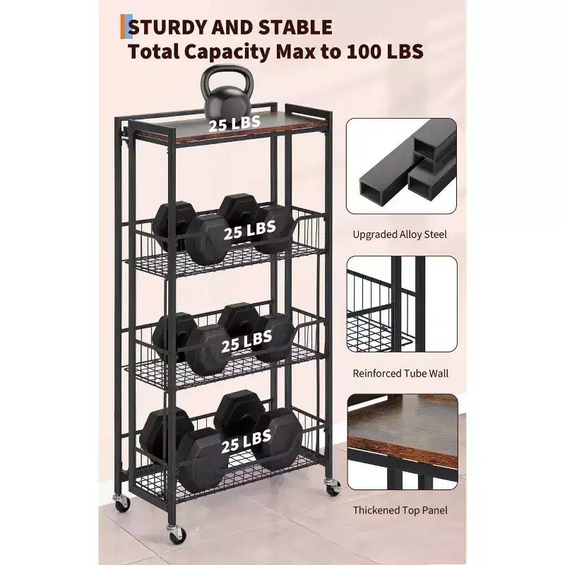 Large 4-Tier Foldable Storage Cart with Lockable Caster - 100Lbs Loading Capacity, Expandable Kitchen Organizer Storage Island, Garage Shelving