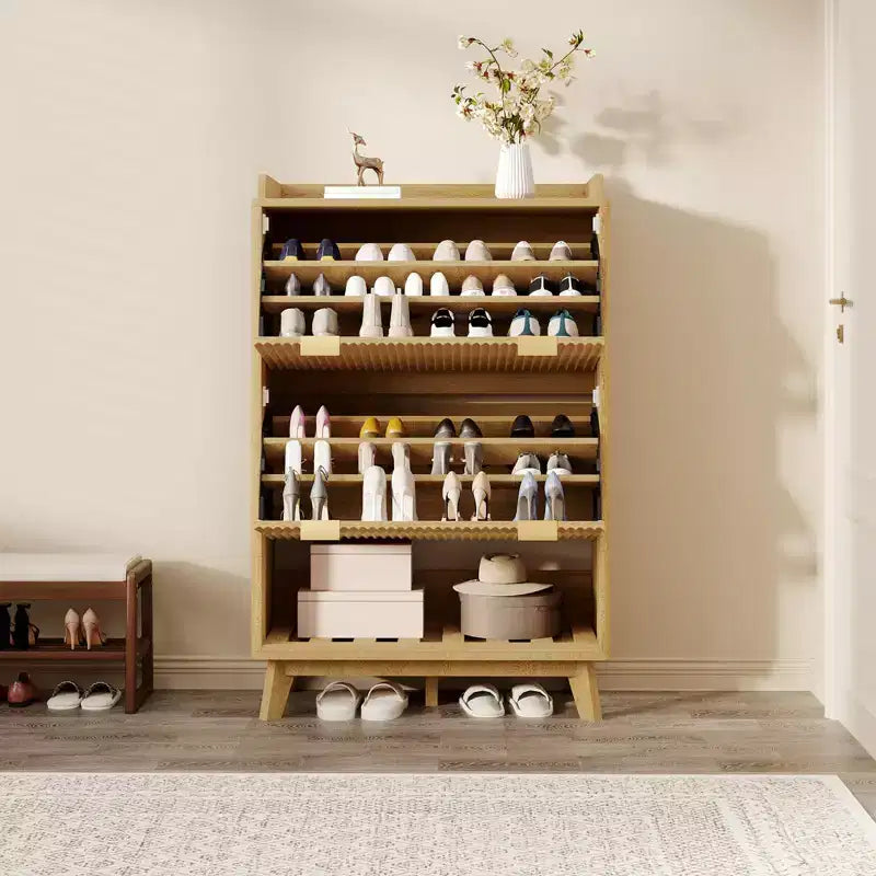 Shoe Storage Cabinet, 48 Tall Narrow Shoe Organizer with Fluted Fronts, Bottom Open Shelf, 2 Flip Drawers, Adjustable Shelves, Curved Profile
