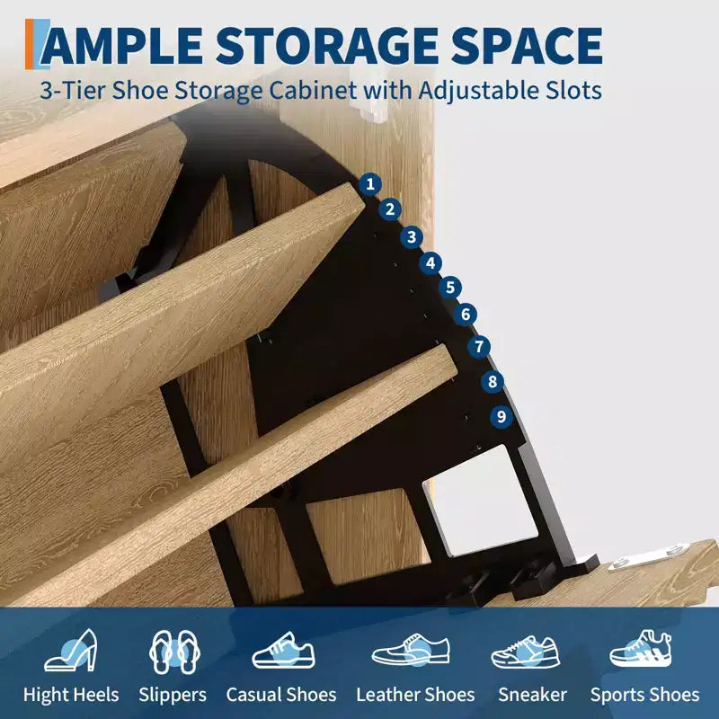 Shoe Storage Cabinet, 48 Tall Narrow Shoe Organizer with Fluted Fronts, Bottom Open Shelf, 2 Flip Drawers, Adjustable Shelves, Curved Profile
