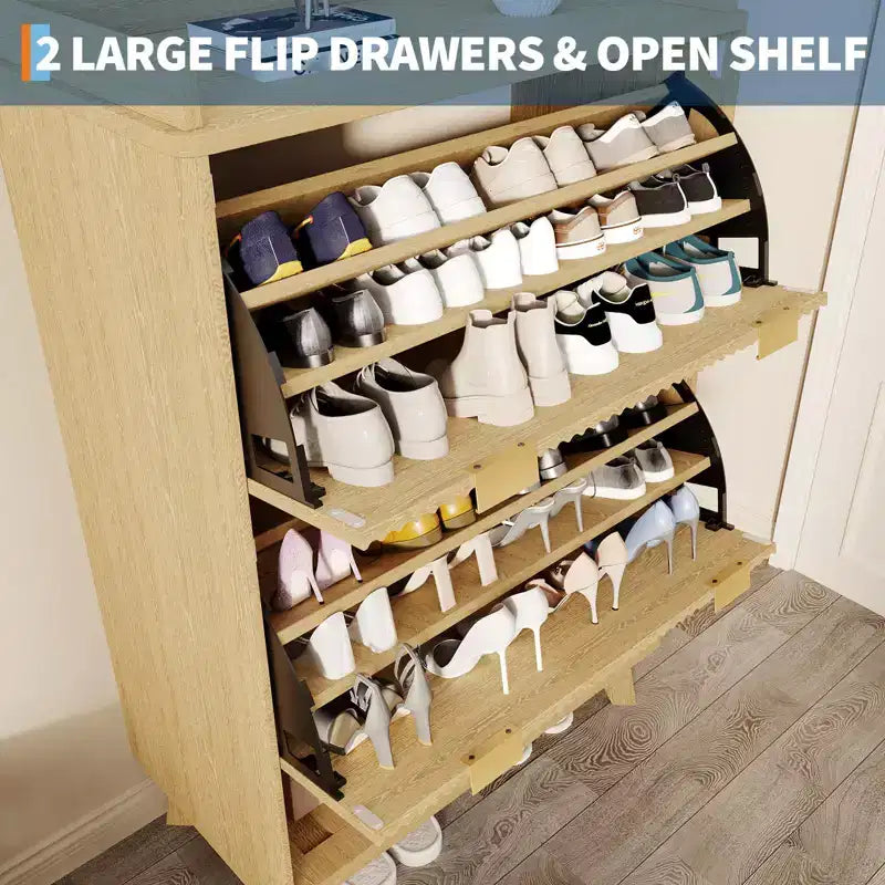 Shoe Storage Cabinet, 48 Tall Narrow Shoe Organizer with Fluted Fronts, Bottom Open Shelf, 2 Flip Drawers, Adjustable Shelves, Curved Profile