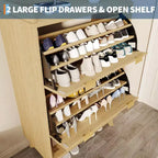 Shoe Storage Cabinet, 48 Tall Narrow Shoe Organizer with Fluted Fronts, Bottom Open Shelf, 2 Flip Drawers, Adjustable Shelves, Curved Profile
