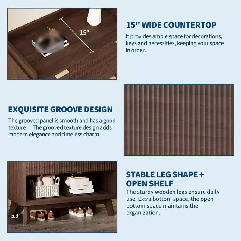 Shoe Storage Cabinet, 48 Tall Narrow Shoe Organizer with Fluted Fronts, Bottom Open Shelf, 2 Flip Drawers, Adjustable Shelves, Curved Profile
