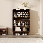 Shoe Storage Cabinet, 48 Tall Narrow Shoe Organizer with Fluted Fronts, Bottom Open Shelf, 2 Flip Drawers, Adjustable Shelves, Curved Profile
