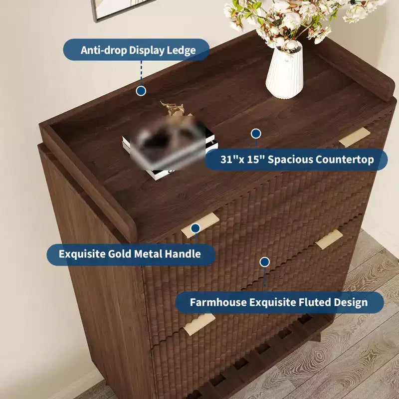 Shoe Storage Cabinet, 48 Tall Narrow Shoe Organizer with Fluted Fronts, Bottom Open Shelf, 2 Flip Drawers, Adjustable Shelves, Curved Profile