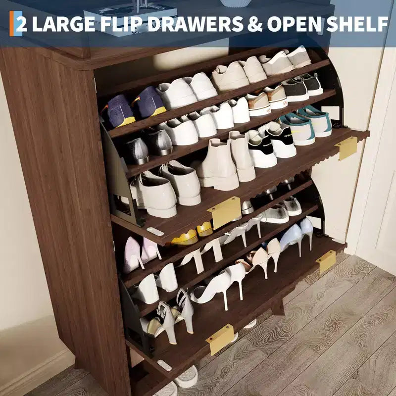 Shoe Storage Cabinet, 48 Tall Narrow Shoe Organizer with Fluted Fronts, Bottom Open Shelf, 2 Flip Drawers, Adjustable Shelves, Curved Profile
