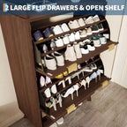 Shoe Storage Cabinet, 48 Tall Narrow Shoe Organizer with Fluted Fronts, Bottom Open Shelf, 2 Flip Drawers, Adjustable Shelves, Curved Profile