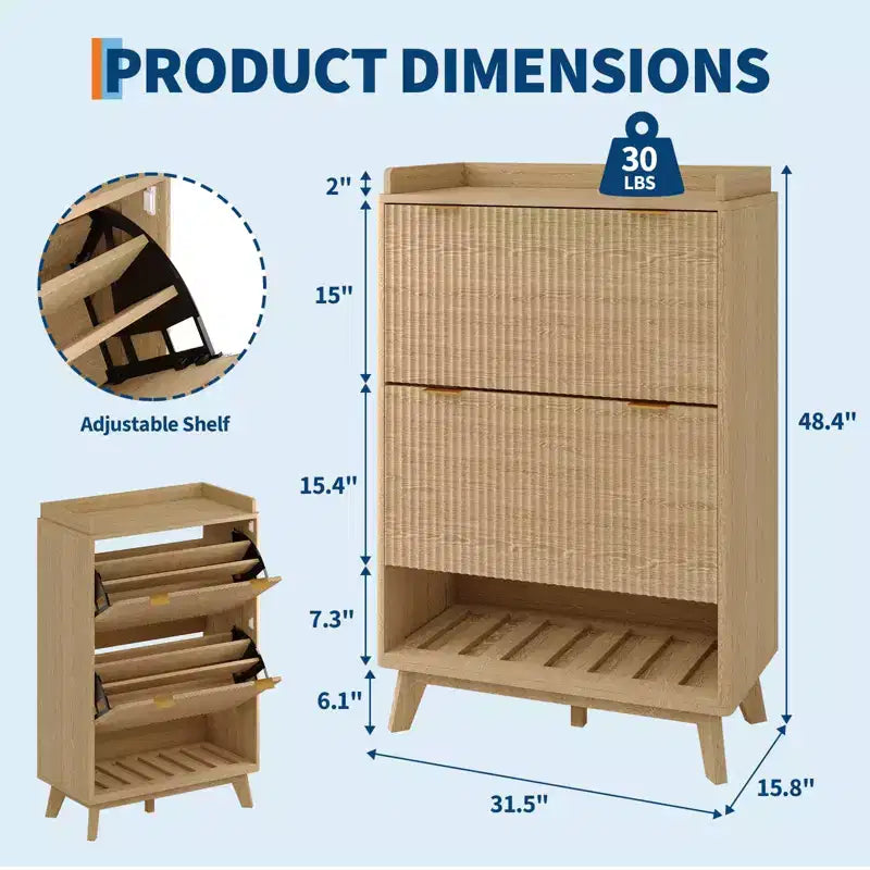 Shoe Storage Cabinet, 48 Tall Narrow Shoe Organizer with Fluted Fronts, Bottom Open Shelf, 2 Flip Drawers, Adjustable Shelves, Curved Profile