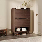 Shoe Storage Cabinet, 48 Tall Narrow Shoe Organizer with Fluted Fronts, Bottom Open Shelf, 2 Flip Drawers, Adjustable Shelves, Curved Profile