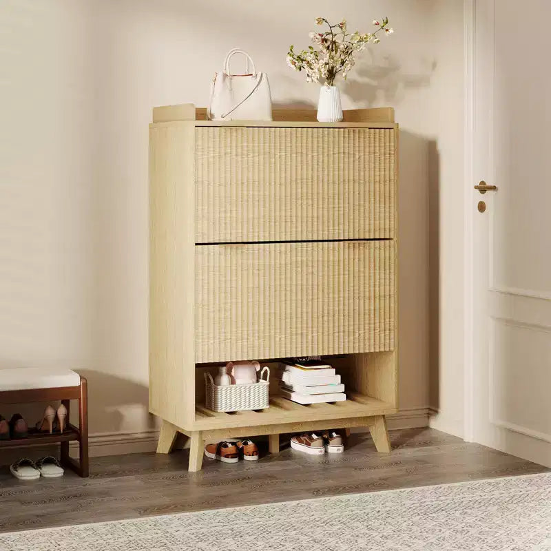 Shoe Storage Cabinet, 48 Tall Narrow Shoe Organizer with Fluted Fronts, Bottom Open Shelf, 2 Flip Drawers, Adjustable Shelves, Curved Profile