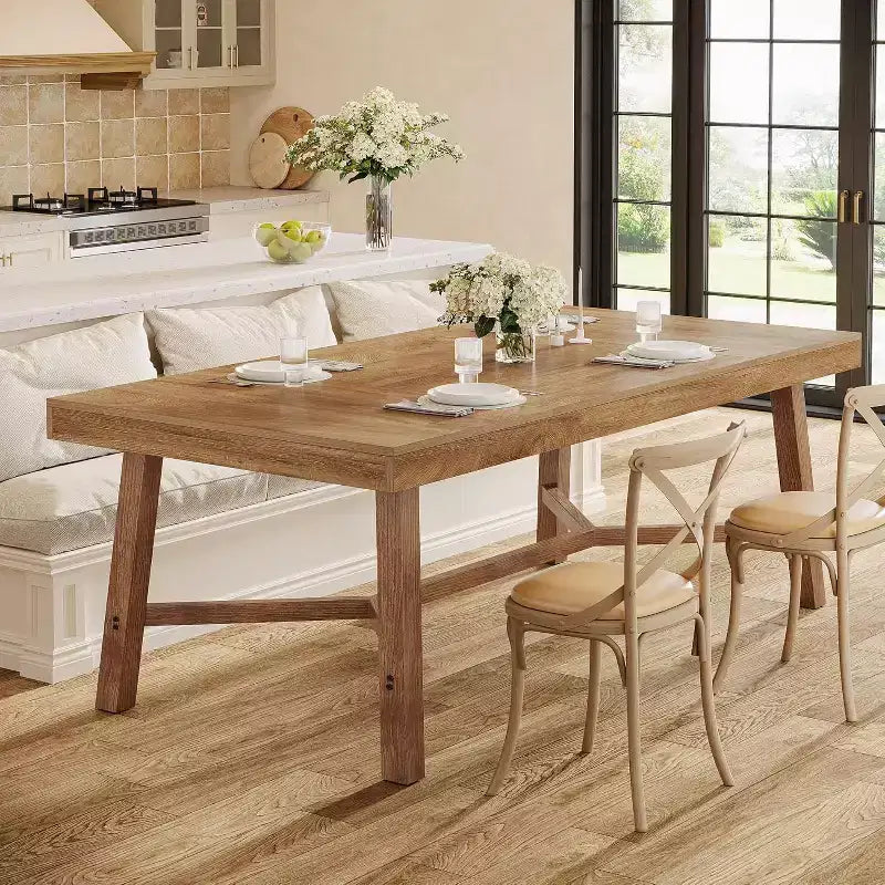 Lantine 70.9-Inch Farmhouse Dining Table for 6-8, Large Rectangle Kitchen Table with Reinforced Legs for Kitchen, Dining and Living Room, Natural