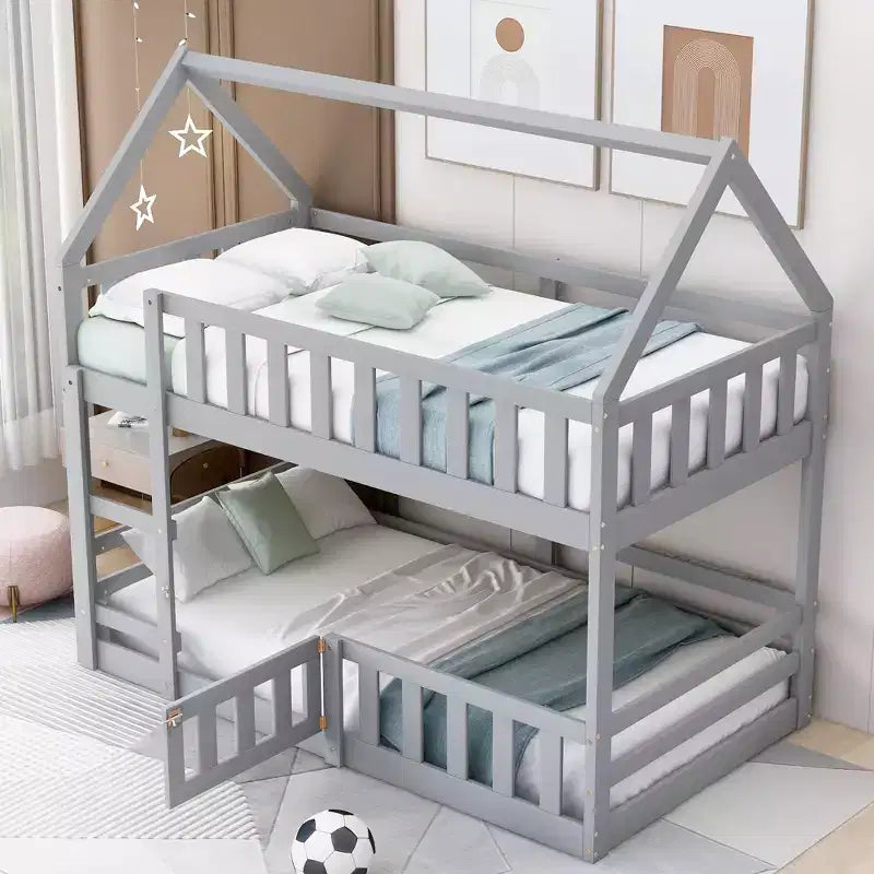 Twin Over Twin House Bunk Bed with Fence and Door, Solid Wood Playhouse Bed with Roof for Bedroom