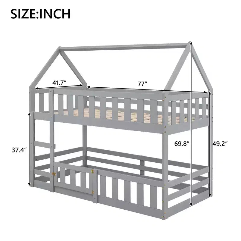 Twin Over Twin House Bunk Bed with Fence and Door, Solid Wood Playhouse Bed with Roof for Bedroom