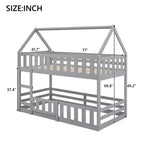 Twin Over Twin House Bunk Bed with Fence and Door, Solid Wood Playhouse Bed with Roof for Bedroom