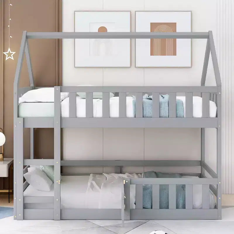 Twin Over Twin House Bunk Bed with Fence and Door, Solid Wood Playhouse Bed with Roof for Bedroom