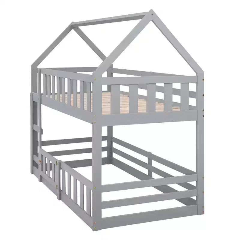 Twin Over Twin House Bunk Bed with Fence and Door, Solid Wood Playhouse Bed with Roof for Bedroom