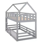 Twin Over Twin House Bunk Bed with Fence and Door, Solid Wood Playhouse Bed with Roof for Bedroom