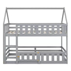 Twin Over Twin House Bunk Bed with Fence and Door, Solid Wood Playhouse Bed with Roof for Bedroom