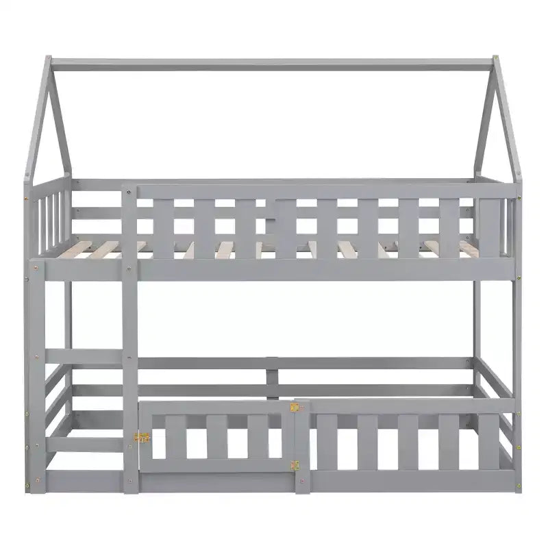 Twin Over Twin House Bunk Bed with Fence and Door, Solid Wood Playhouse Bed with Roof for Bedroom