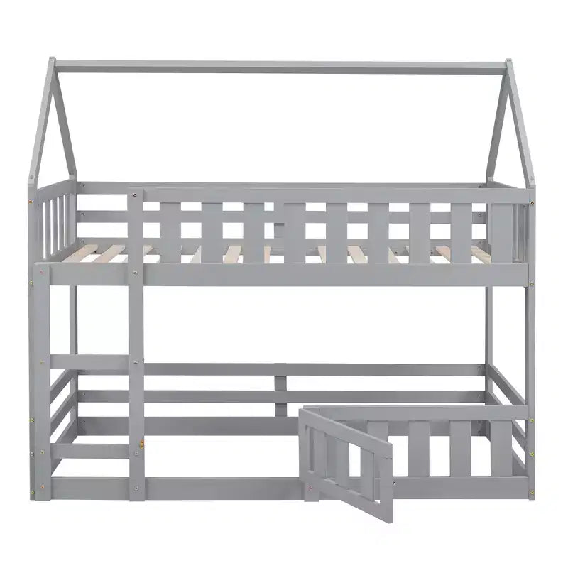 Twin Over Twin House Bunk Bed with Fence and Door, Solid Wood Playhouse Bed with Roof for Bedroom