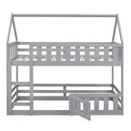 Twin Over Twin House Bunk Bed with Fence and Door, Solid Wood Playhouse Bed with Roof for Bedroom