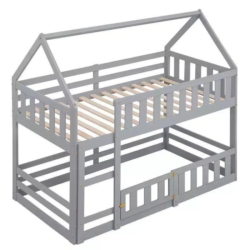 Twin Over Twin House Bunk Bed with Fence and Door, Solid Wood Playhouse Bed with Roof for Bedroom