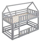 Twin Over Twin House Bunk Bed with Fence and Door, Solid Wood Playhouse Bed with Roof for Bedroom