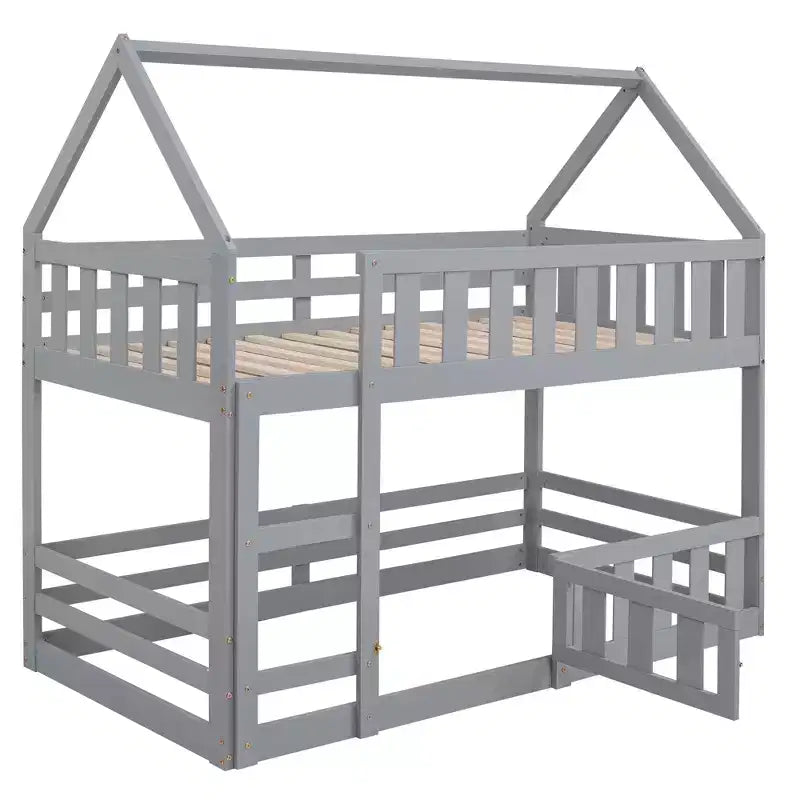 Twin Over Twin House Bunk Bed with Fence and Door, Solid Wood Playhouse Bed with Roof for Bedroom