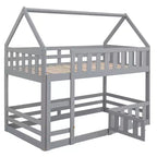 Twin Over Twin House Bunk Bed with Fence and Door, Solid Wood Playhouse Bed with Roof for Bedroom