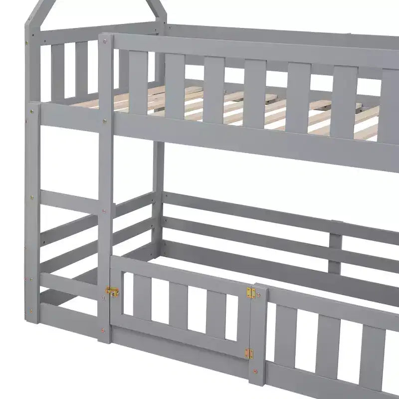 Twin Over Twin House Bunk Bed with Fence and Door, Solid Wood Playhouse Bed with Roof for Bedroom