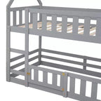 Twin Over Twin House Bunk Bed with Fence and Door, Solid Wood Playhouse Bed with Roof for Bedroom