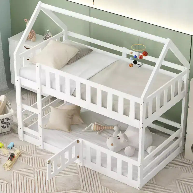 Twin Over Twin House Bunk Bed with Fence and Door, Solid Wood Playhouse Bed with Roof for Bedroom