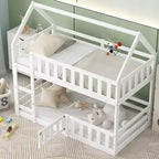 Twin Over Twin House Bunk Bed with Fence and Door, Solid Wood Playhouse Bed with Roof for Bedroom